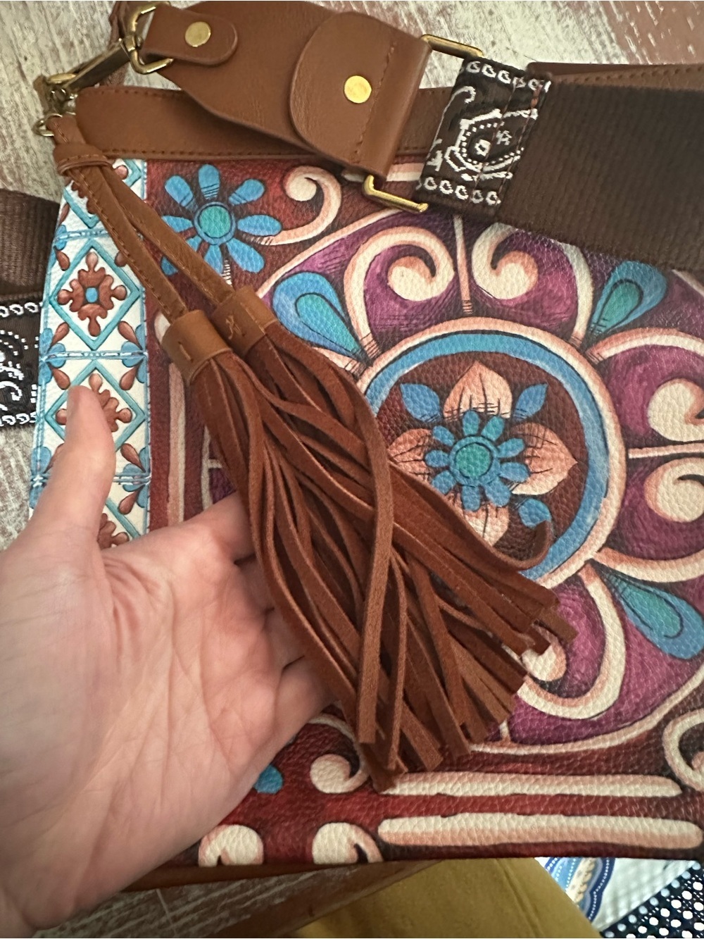 Boho Floral Medallion Crossbody Bag in Brown, Purple & Teal - Picture 5 of 5